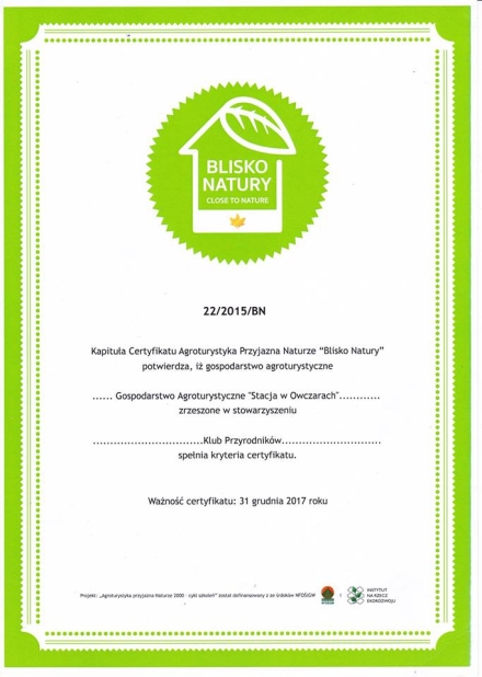 Certyfikat Blisko Natury dla Stacji Terenowej Klubu Przyrodników w Owczarach